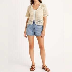 ULTRA PINK 100%  Cotton Crochet Scalloped Edge Cardigan | L | Cottagecore